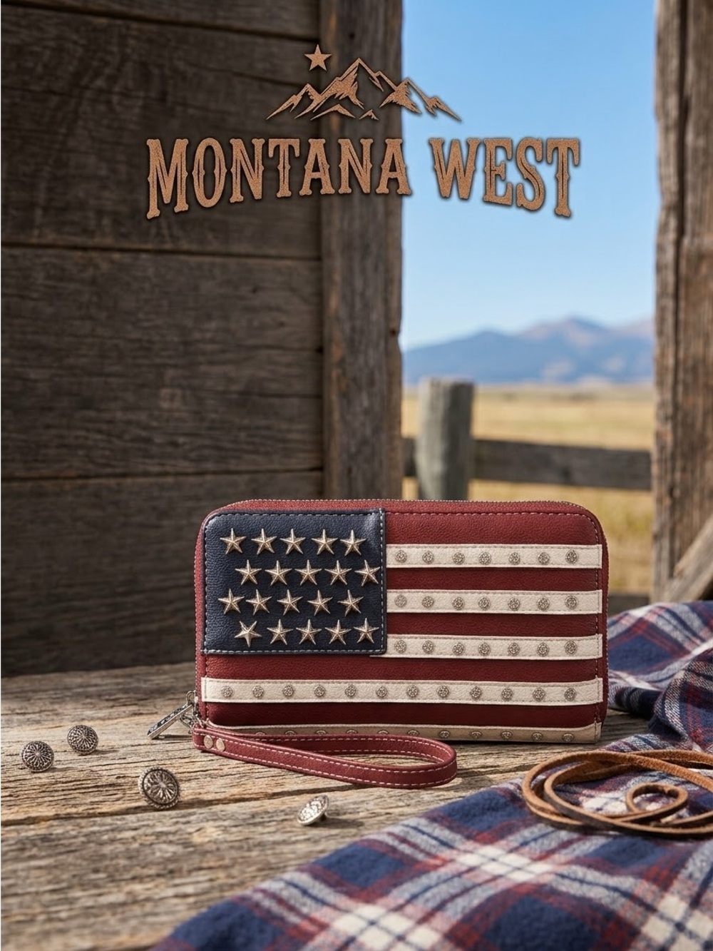 MONTANA WEST USA American Flag Vegan Leather Wallet/Wristlet Studded Rhinestones